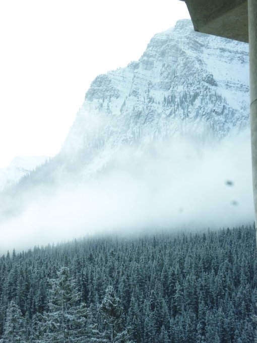 View out the window from the guest-only lounge, of snow drifting in. Lake Louise, Alberta, Canada, 4 November 2018